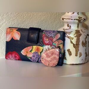Anuschka Navy Blue Wallet with Colorful Floral Design and Pink Gemstone